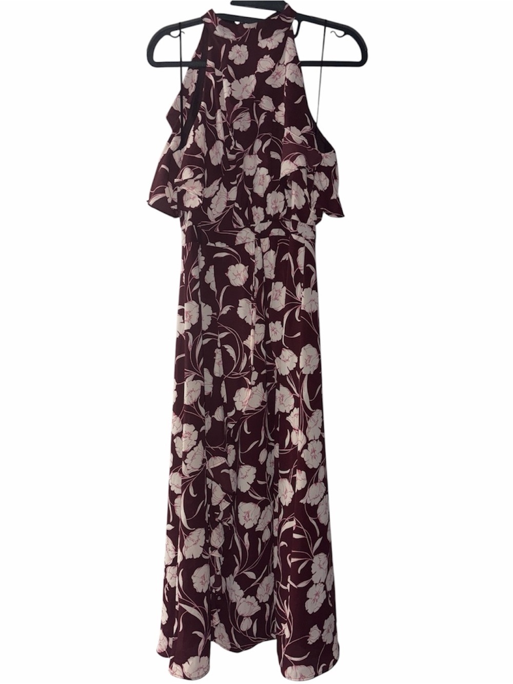 LC Lauren Conrad Ruffle Burgundy Floral Halter Midi Dress Size 4 - Picture 4 of 8
